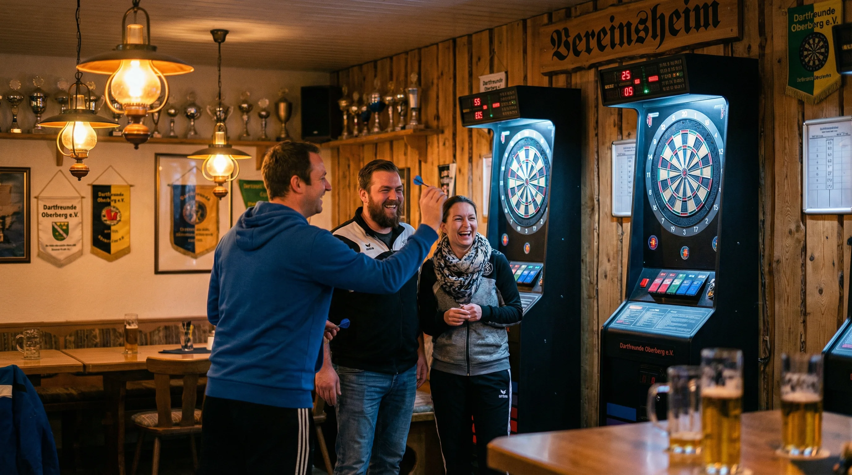 Glückliche Dart-Spieler beim Training im Vereinsheim mit Target Foam Pads